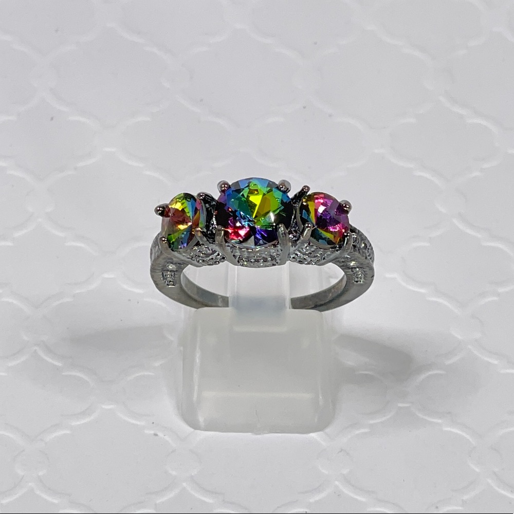 Rainbow Mystic Topaz Ring with Pewter Colored Band, Round Cut, women's size 7.5